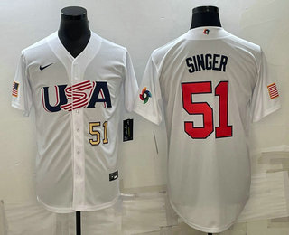 Men's USA Baseball #51 Brady Singer 2023 World Baseball Classic Jersey - White Men's USA Baseball #51 Brady Singer 2023 World Baseball Classic Jersey - White