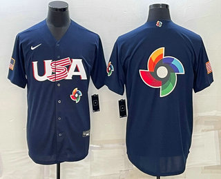 Men's USA Baseball Blank 2023 Navy World Baseball Big Logo Classic Jersey Men's USA Baseball Blank 2023 Navy World Baseball Big Logo Classic Jersey
