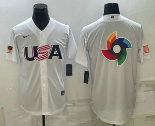 Men's USA Baseball 2023 White World Baseball Big Logo With Patch Classic Replica Jersey Men's USA Baseball 2023 White World Baseball Big Logo With Patch Classic Replica Jersey