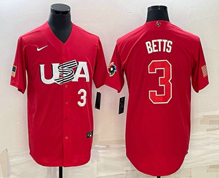 Men's USA Baseball #3 Mookie Betts 2023 WBC Jersey - Red Men's USA Baseball #3 Mookie Betts 2023 WBC Jersey - Red