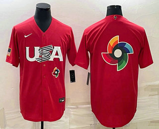 Men's USA Baseball 2023 Red World Big Logo With Patch Classic Jersey Men's USA Baseball 2023 Red World Big Logo With Patch Classic Jersey