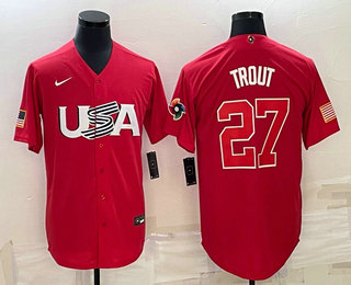 Men's USA Baseball #27 Mike Trout 2023 WBC Jersey - Red Men's USA Baseball #27 Mike Trout 2023 WBC Jersey - Red
