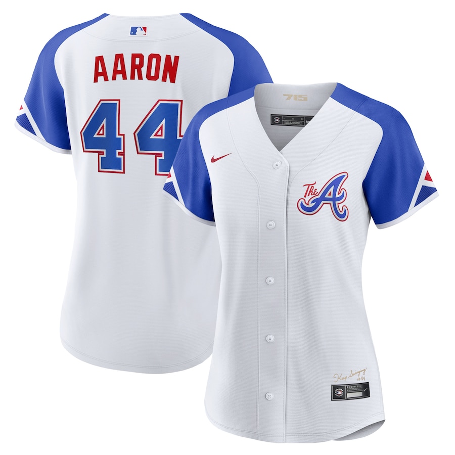 Atlanta Braves Hank Aaron Nike White 2023 City Connect Replica Player Jersey - Womans Atlanta Braves Hank Aaron Nike White 2023 City Connect Replica Player Jersey - Womans
