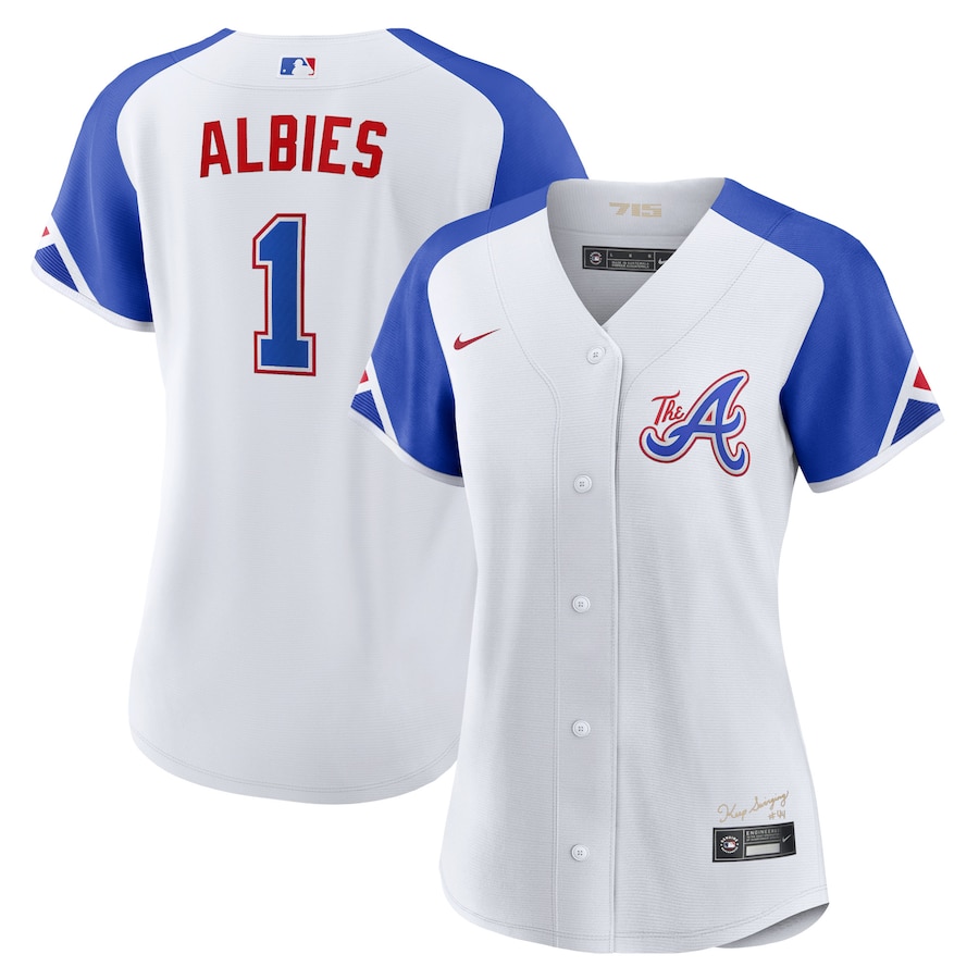 Atlanta Braves Ozzie Albies Nike White 2023 City Connect Replica Player Jersey - Womans Atlanta Braves Ozzie Albies Nike White 2023 City Connect Replica Player Jersey - Womans