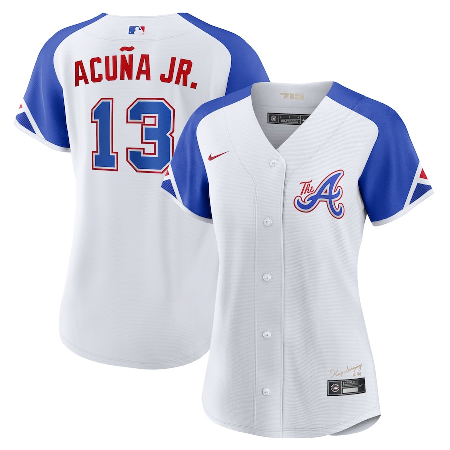 Atlanta Braves Ronald Acuna Jr. Nike White 2023 City Connect Replica Player Jersey - Womans Atlanta Braves Ronald Acuna Jr. Nike White 2023 City Connect Replica Player Jersey - Womans