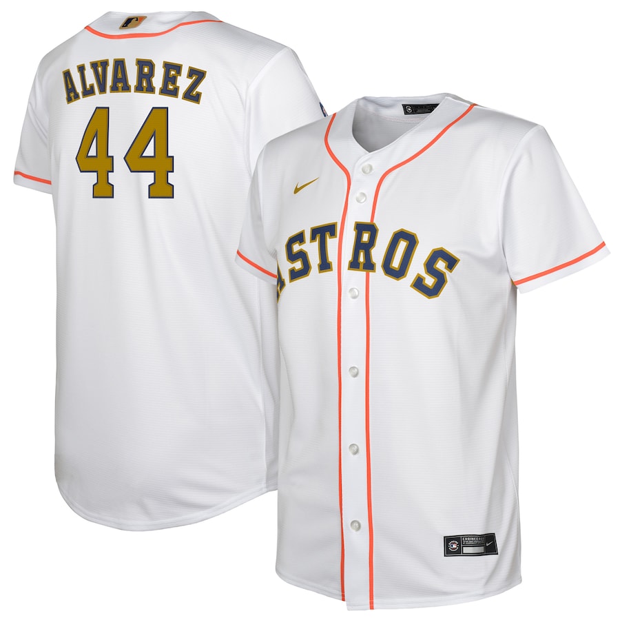 Houston Astros Yordan Alvarez Nike White/Gold 2023 Gold Collection Replica Player Jersey - Youth Boys Houston Astros Yordan Alvarez Nike White/Gold 2023 Gold Collection Replica Player Jersey - Youth Boys