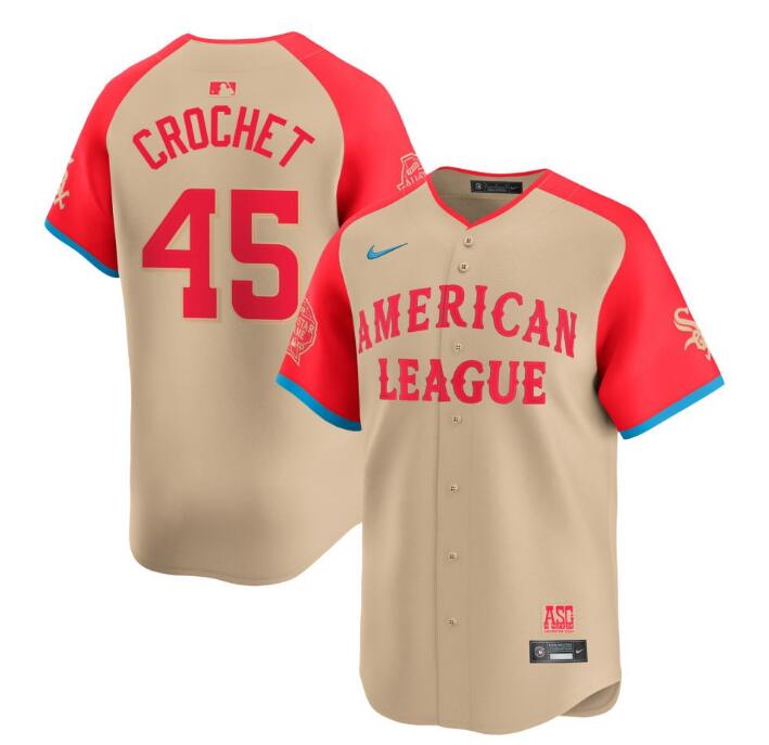 American League Nike 2024 MLB All-Star Game Limited Crochet,Garrett - 45 Jersey - Cream