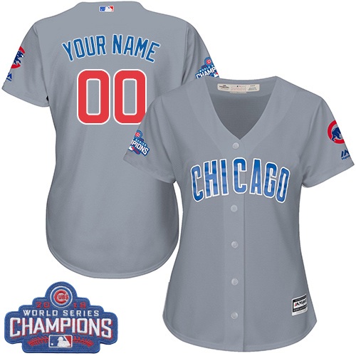 Women's Custom Chicago Cubs Authentic Grey Road 2016 World Series Champions Cool Base Jersey