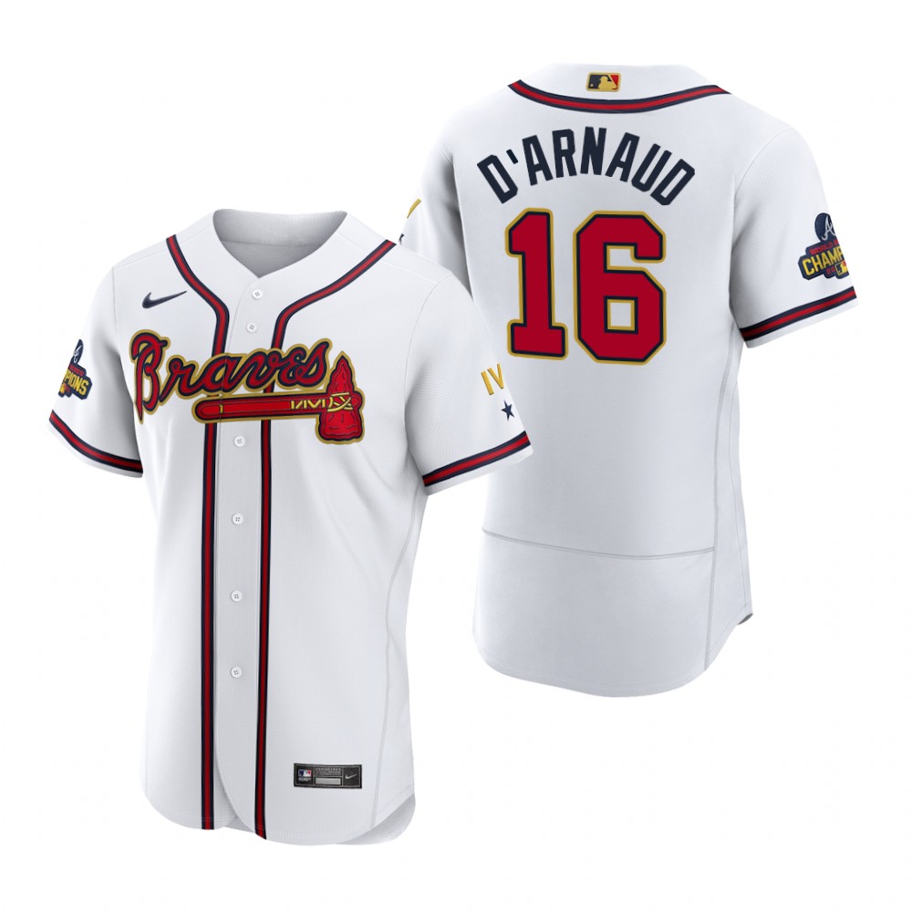 Atlanta Braves Travis d'Arnaud White 2022 Gold Program Authentic Jersey Atlanta Braves Travis d'Arnaud White 2022 Gold Program Authentic Jersey