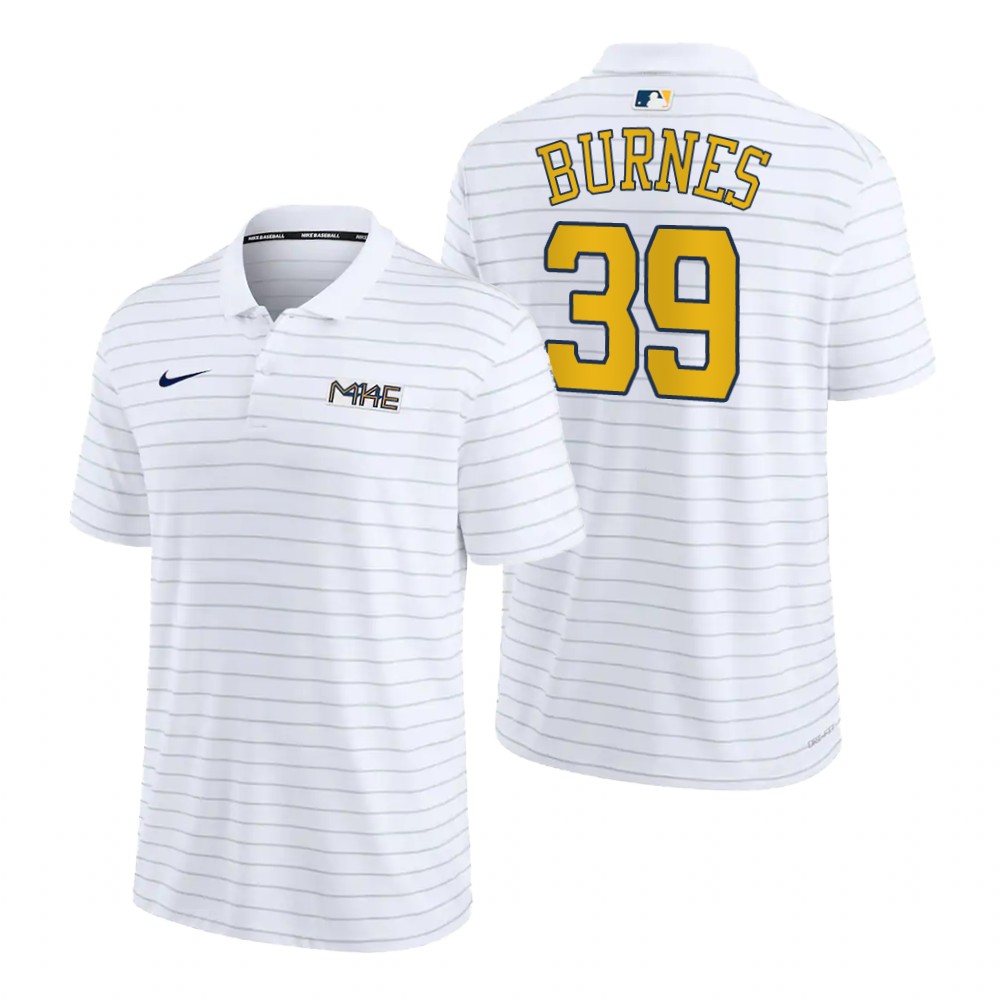 Milwaukee Brewers Corbin Burnes White 2022 City Connect Striped Polo Milwaukee Brewers Corbin Burnes White 2022 City Connect Striped Polo
