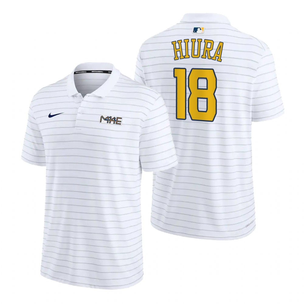 Milwaukee Brewers Keston Hiura White 2022 City Connect Striped Polo Milwaukee Brewers Keston Hiura White 2022 City Connect Striped Polo