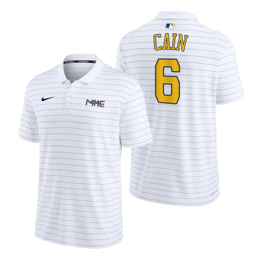Milwaukee Brewers Lorenzo Cain White 2022 City Connect Striped Polo Milwaukee Brewers Lorenzo Cain White 2022 City Connect Striped Polo
