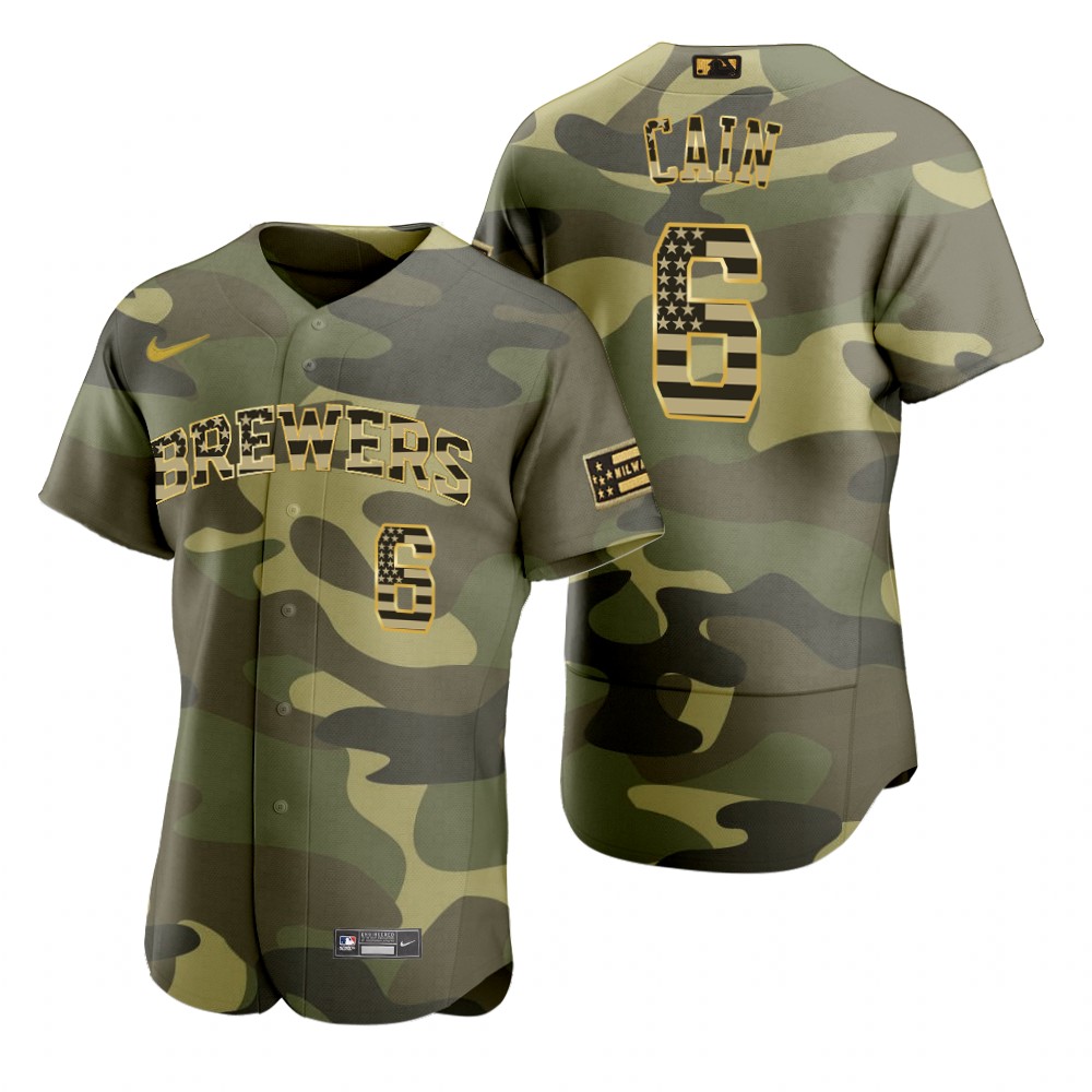 Milwaukee Brewers Lorenzo Cain Camo Authentic 2022 Armed Forces Day Jersey Milwaukee Brewers Lorenzo Cain Camo Authentic 2022 Armed Forces Day Jersey