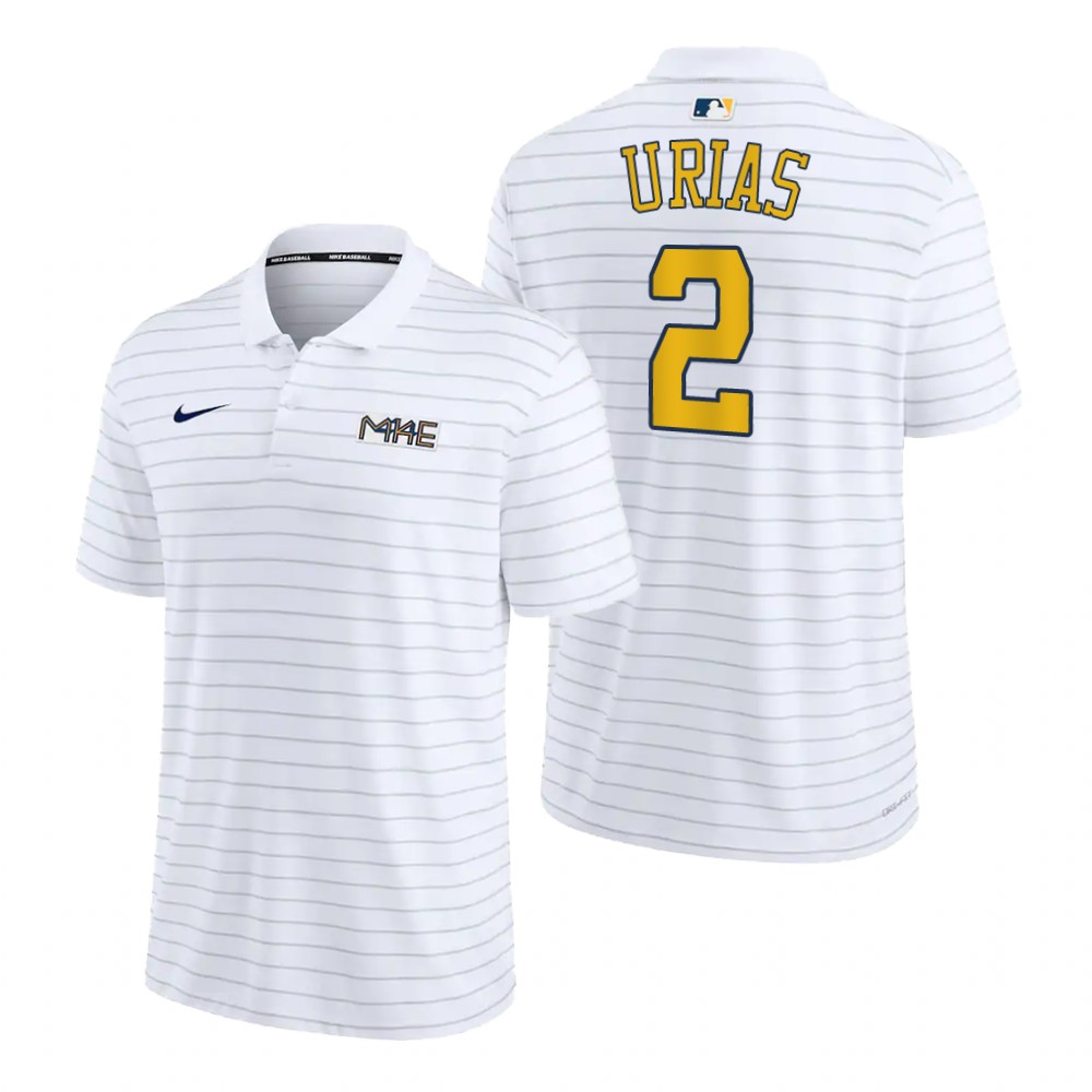 Milwaukee Brewers Luis Urias White 2022 City Connect Striped Polo Milwaukee Brewers Luis Urias White 2022 City Connect Striped Polo