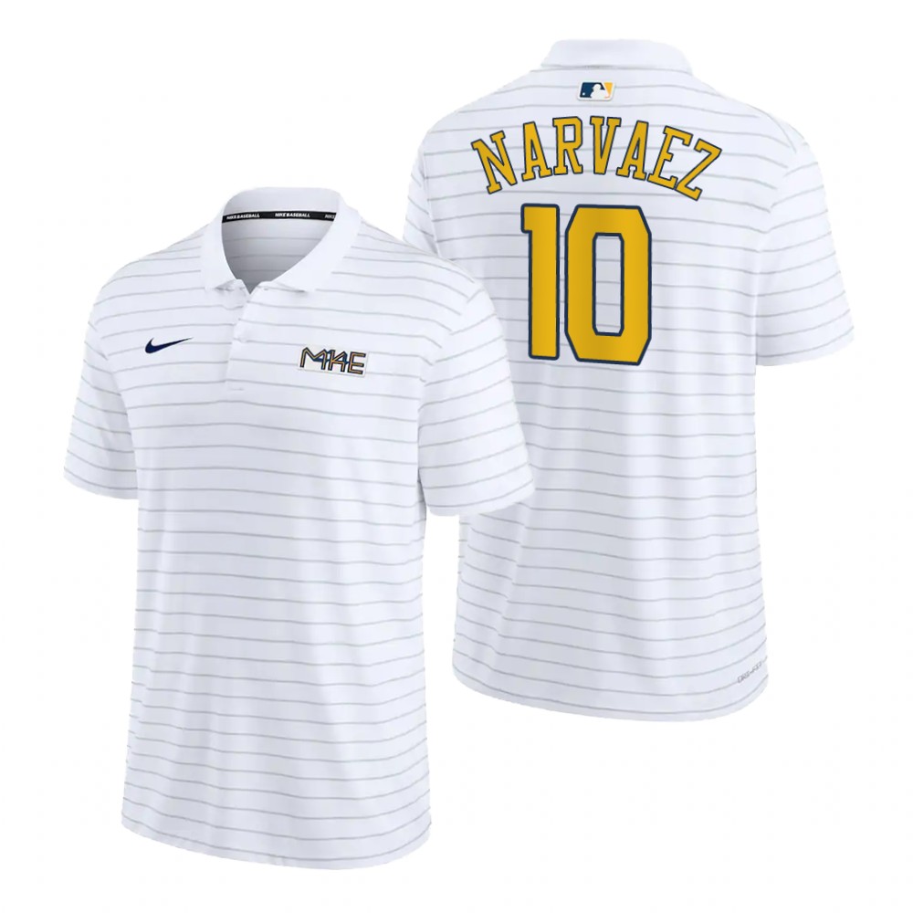 Milwaukee Brewers Omar Narvaez White 2022 City Connect Striped Polo Milwaukee Brewers Omar Narvaez White 2022 City Connect Striped Polo
