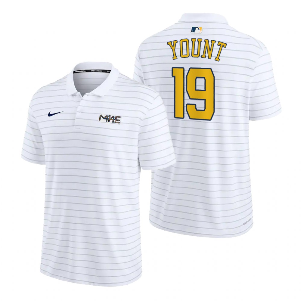Milwaukee Brewers Robin Yount White 2022 City Connect Striped Polo Milwaukee Brewers Robin Yount White 2022 City Connect Striped Polo