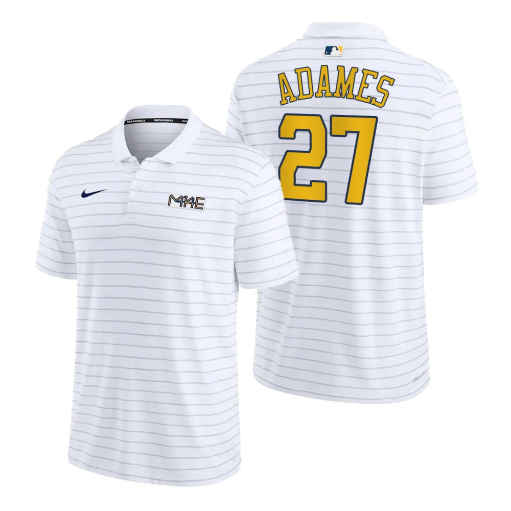 Milwaukee Brewers Willy Adames White 2022 City Connect Striped Polo Milwaukee Brewers Willy Adames White 2022 City Connect Striped Polo