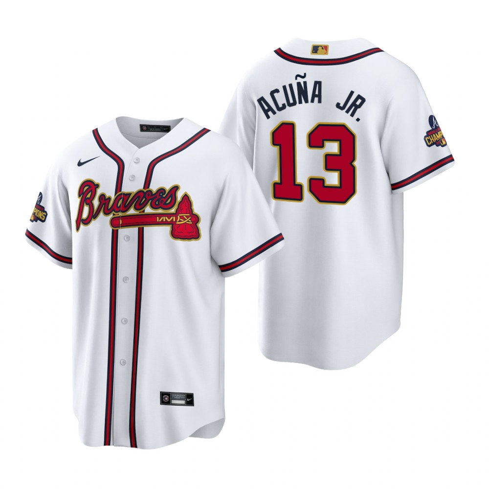 Ronald Acuna Jr. Atlanta Braves White 2022 Gold Program Replica Jersey Ronald Acuna Jr. Atlanta Braves White 2022 Gold Program Replica Jersey