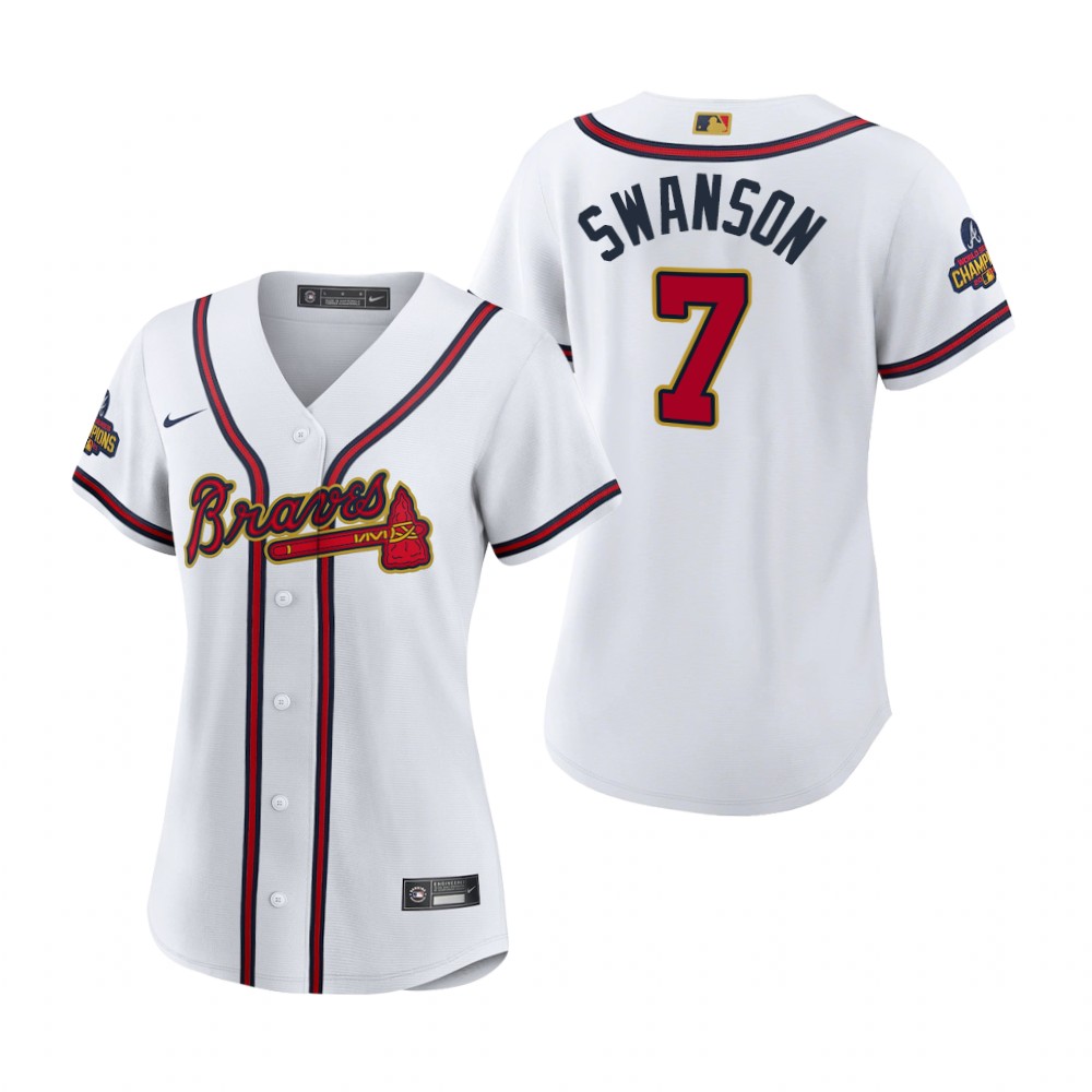 Women Dansby Swanson Atlanta Braves White 2022 Gold Program Replica Jersey Women Dansby Swanson Atlanta Braves White 2022 Gold Program Replica Jersey