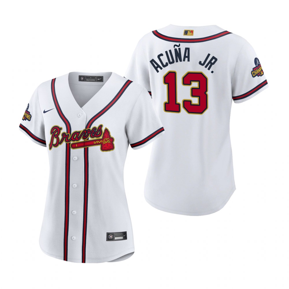 Women Ronald Acuna Jr. Atlanta Braves White 2022 Gold Program Replica Jersey Women Ronald Acuna Jr. Atlanta Braves White 2022 Gold Program Replica Jersey