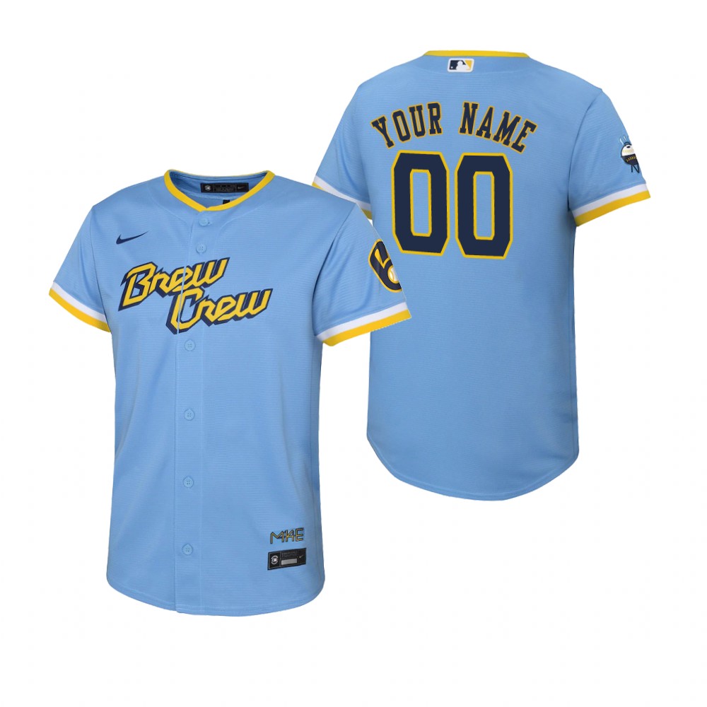 Kids Milwaukee Brewers Custom Nike Powder Blue 2022 City Connect Replica Jersey Kids Milwaukee Brewers Custom Nike Powder Blue 2022 City Connect Replica Jersey