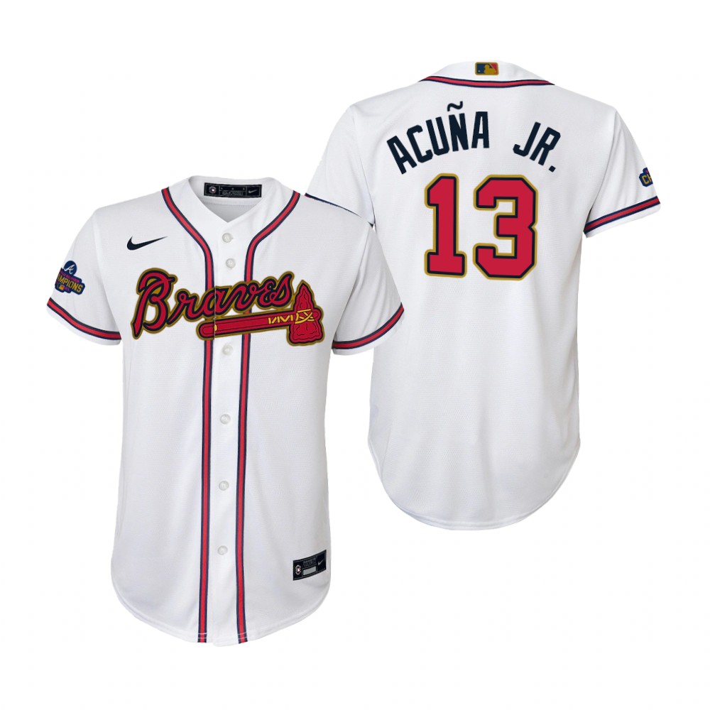 Kids Ronald Acuna Jr. Atlanta Braves White 2022 Gold Program Replica Jersey Kids Ronald Acuna Jr. Atlanta Braves White 2022 Gold Program Replica Jersey