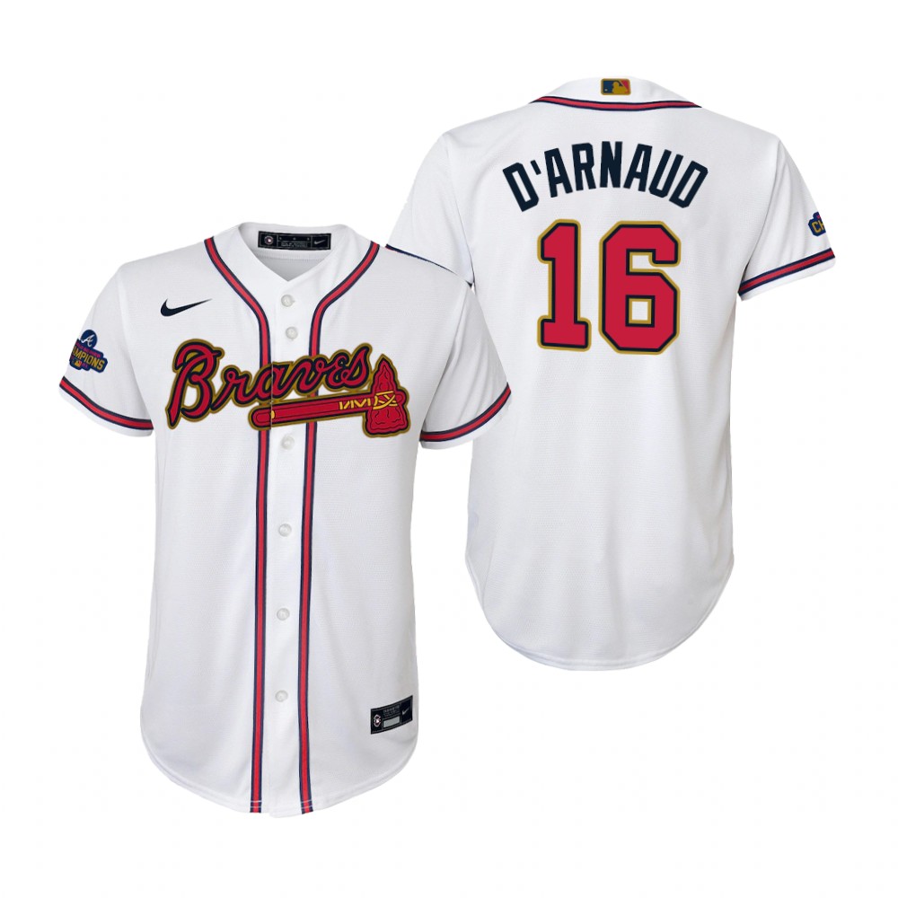 Kids Travis d'Arnaud Atlanta Braves White 2022 Gold Program Replica Jersey Kids Travis d'Arnaud Atlanta Braves White 2022 Gold Program Replica Jersey