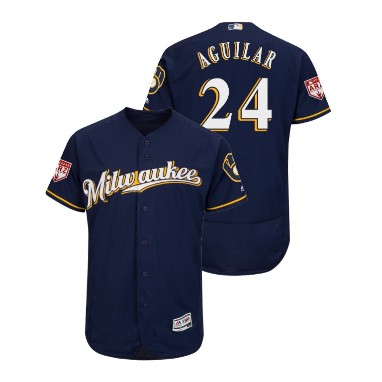 Milwaukee Brewers Navy #24 Jesus Aguilar Flex Base Jersey 2019 Spring Training