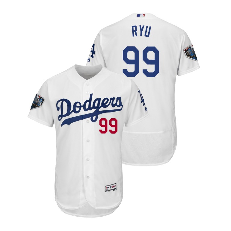 Los Angeles Dodgers White #99 Hyun-Jin Ryu Flex Base Jersey 2018 World Series