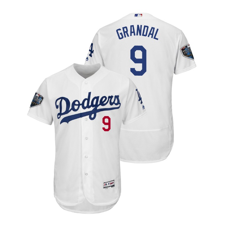 Los Angeles Dodgers White #9 Yasmani Grandal Flex Base Jersey 2018 World Series