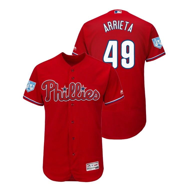 Philadelphia Phillies Scarlet #49 Jake Arrieta Flex Base Jersey 2019 Spring Training
