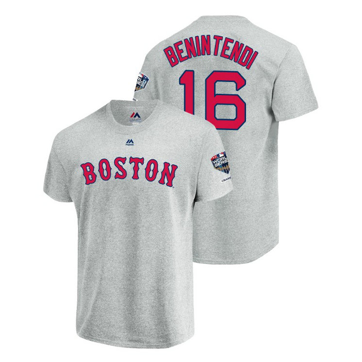 Boston Red Sox Gray #16 Andrew Benintendi Sleeve Patch T-Shirt 2018 World Series Champions