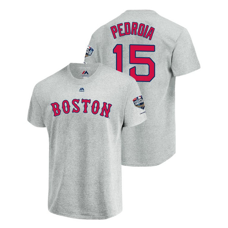Boston Red Sox Gray #15 Dustin Pedroia Sleeve Patch T-Shirt 2018 World Series Champions
