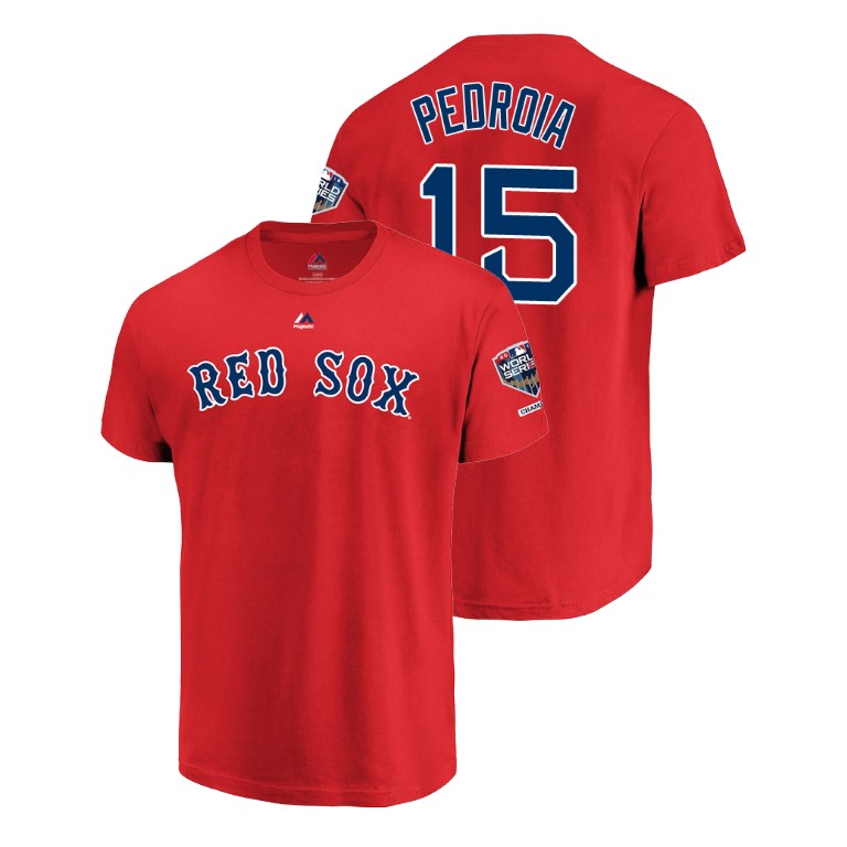 Boston Red Sox Red #15 Dustin Pedroia Sleeve Patch T-Shirt 2018 World Series Champions