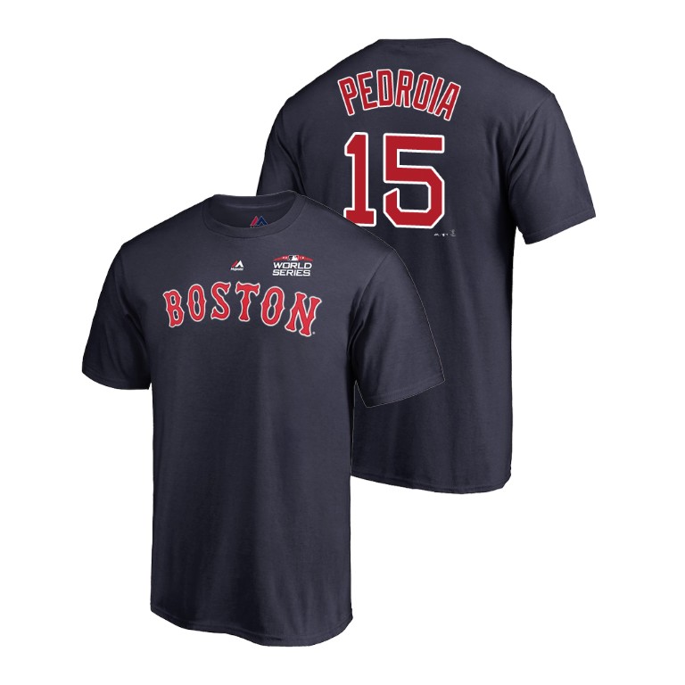 Boston Red Sox Navy #15 Dustin Pedroia Majestic T-Shirt 2018 World Series Boston Red Sox Navy #15 Dustin Pedroia Majestic T-Shirt 2018 World Series