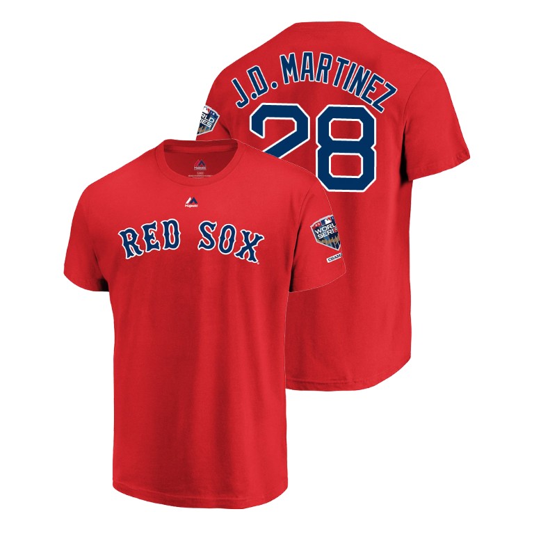 Boston Red Sox Red #28 J.D. Martinez Sleeve Patch T-Shirt 2018 World Series Champions