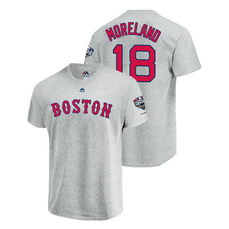 Boston Red Sox Gray #18 Mitch Moreland Sleeve Patch T-Shirt 2018 World Series Champions Boston Red Sox Gray #18 Mitch Moreland Sleeve Patch T-Shirt 2018 World Series Champions