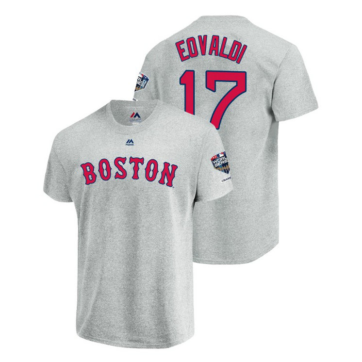 Boston Red Sox Gray #17 Nathan Eovaldi Sleeve Patch T-Shirt 2018 World Series Champions