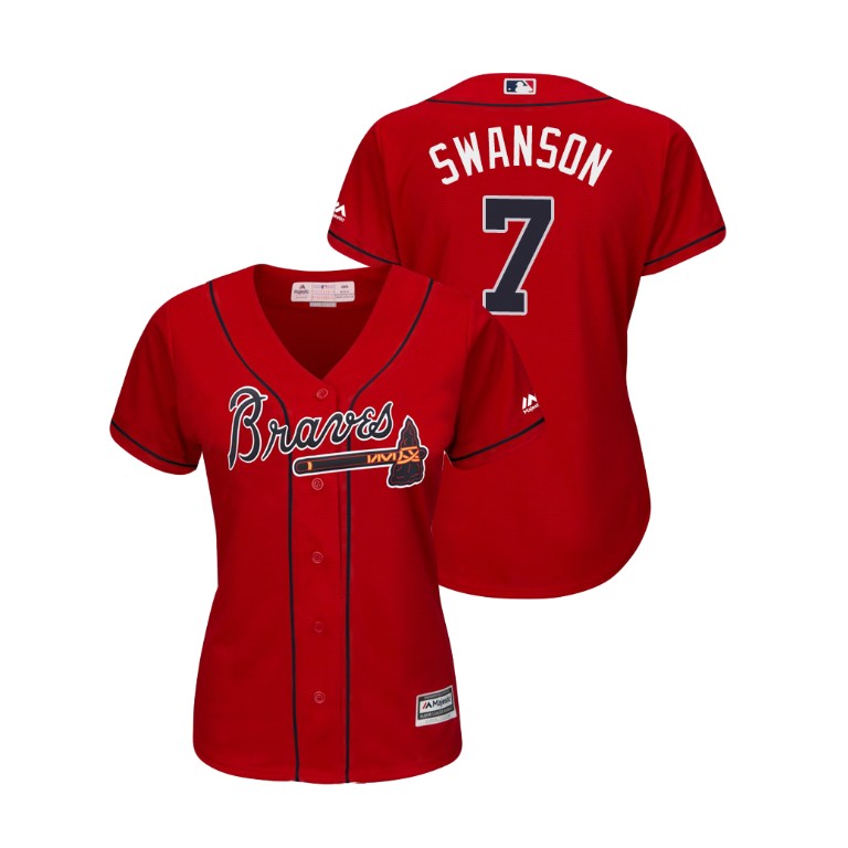 Women - Atlanta Braves Scarlet #7 2019 Cool Base Dansby Swanson Alternate Jersey