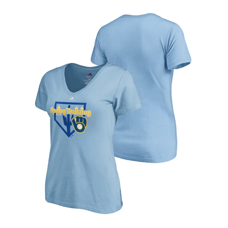 Women - Milwaukee Brewers Vintage Light Blue V-Neck T-Shirt 2019 Spring Training Women - Milwaukee Brewers Vintage Light Blue V-Neck T-Shirt 2019 Spring Training