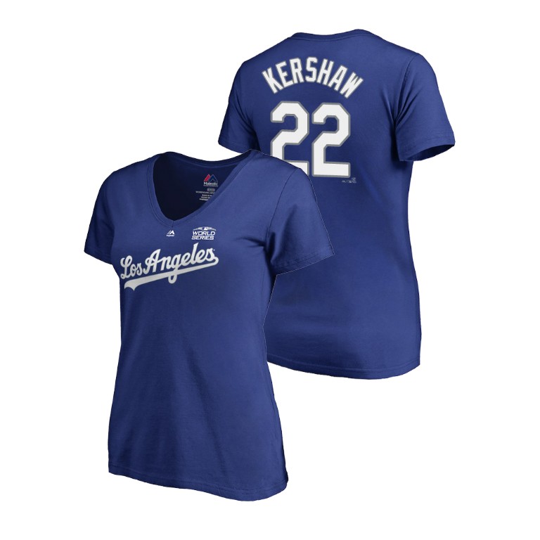 Women - Los Angeles Dodgers Royal #22 Clayton Kershaw Majestic T-Shirt 2018 World Series