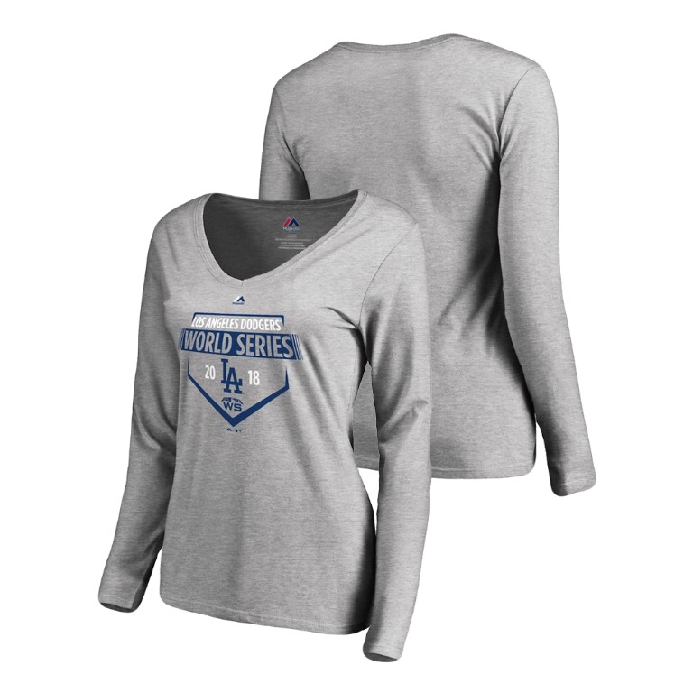 Women - Los Angeles Dodgers Streamer Long Sleeve Heather Gray Bound V-Neck T-Shirt 2018 World Series