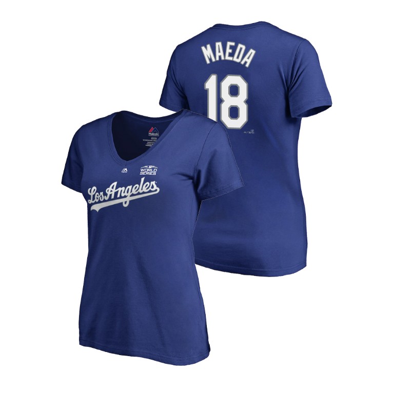 Women - Los Angeles Dodgers Royal #18 Kenta Maeda Majestic T-Shirt 2018 World Series