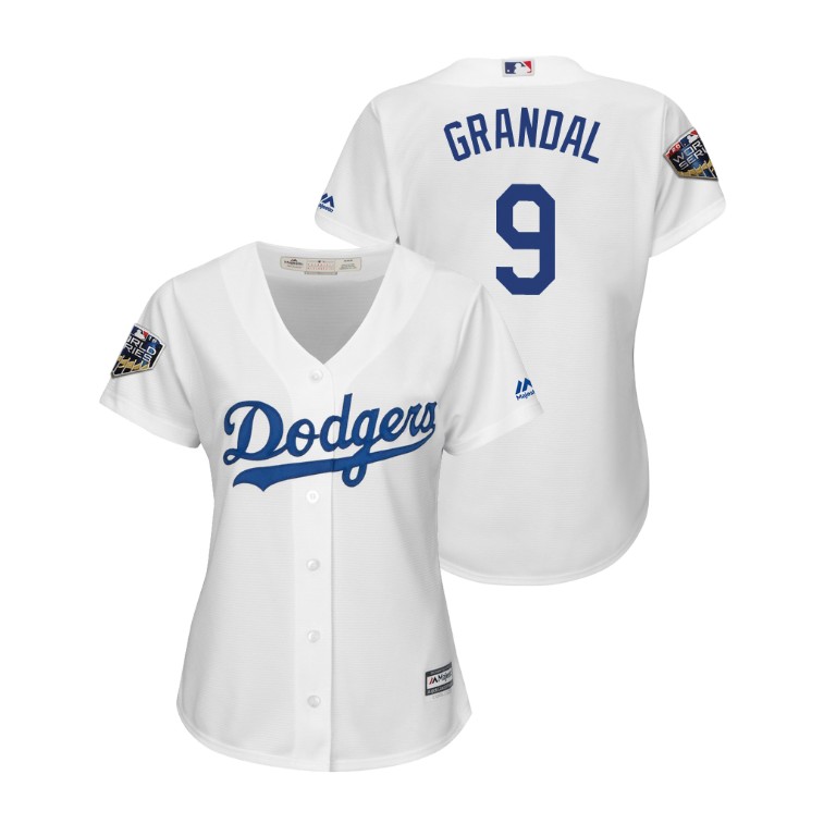 Women - Los Angeles Dodgers White #9 Yasmani Grandal Cool Base Jersey 2018 World Series