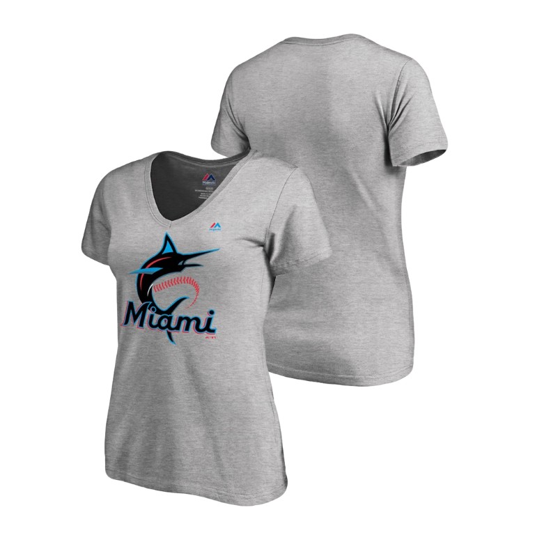 Women - Miami Marlins V-Neck Heather Gray 2019 Official Logo T-Shirt