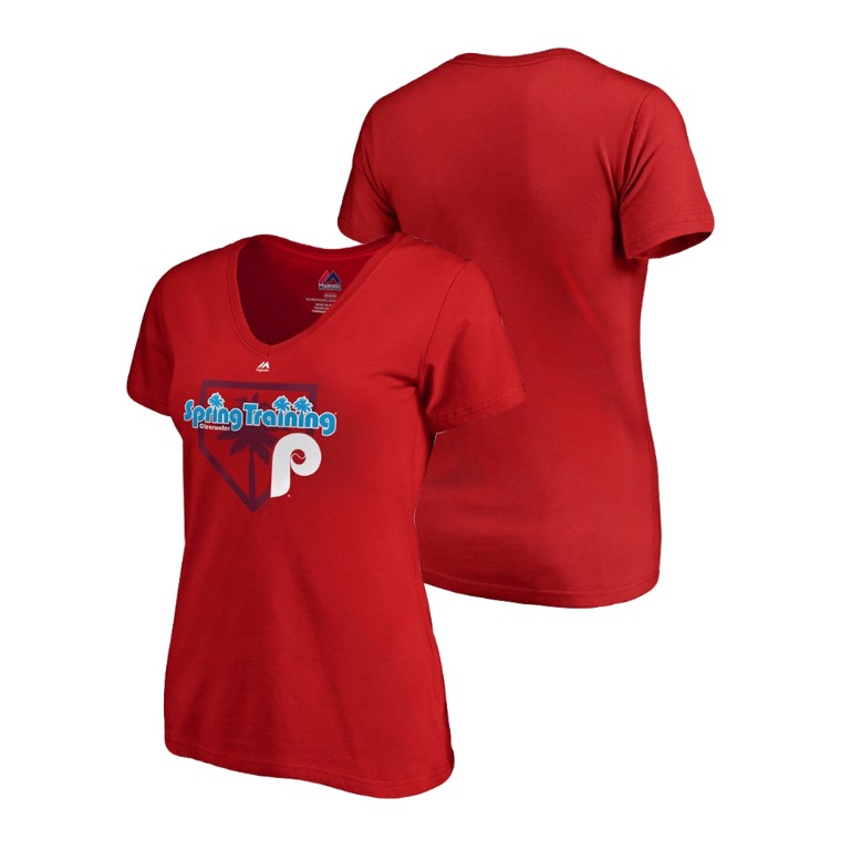 Women - Philadelphia Phillies Vintage Red V-Neck T-Shirt 2019 Spring Training