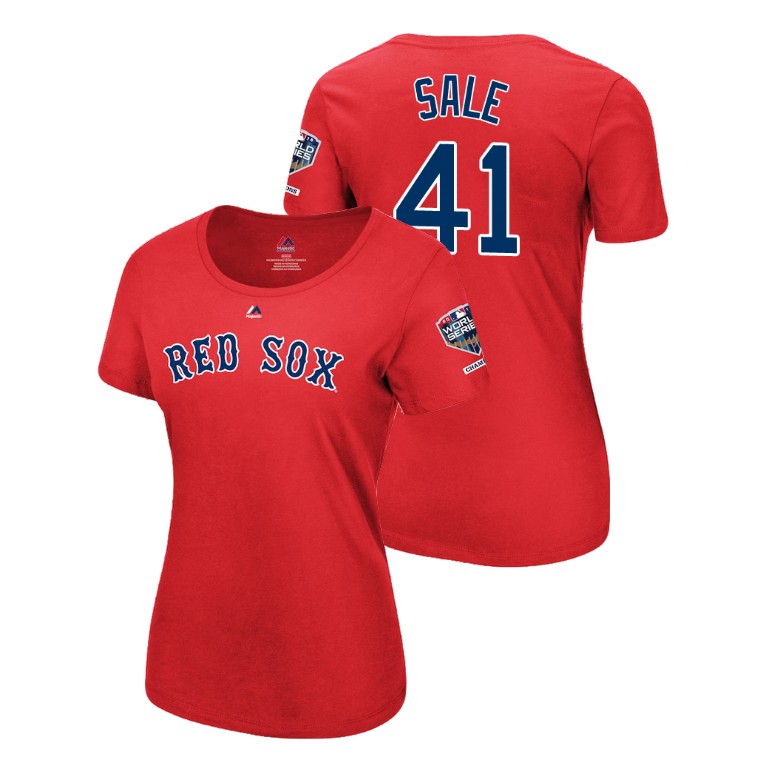 Women - Boston Red Sox Red #41 Chris Sale Sleeve Patch T-Shirt 2018 World Series Champions Women - Boston Red Sox Red #41 Chris Sale Sleeve Patch T-Shirt 2018 World Series Champions
