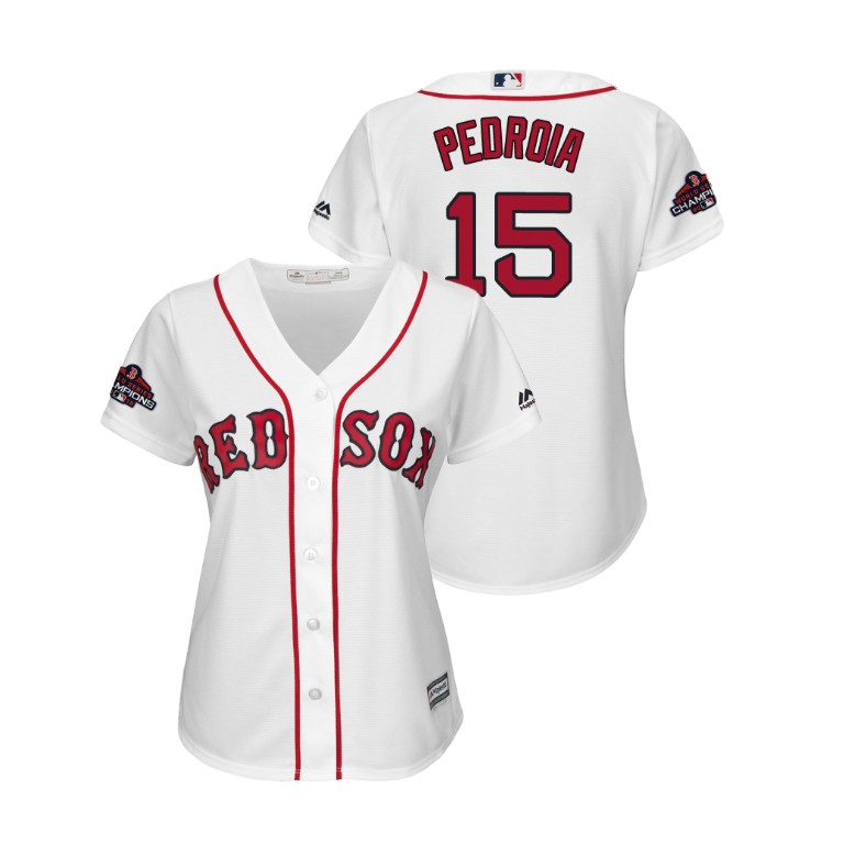 Women - Boston Red Sox White #15 Dustin Pedroia Team Logo Patch Jersey 2018 World Series Champions