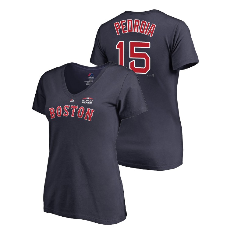 Women - Boston Red Sox Navy #15 Dustin Pedroia Majestic T-Shirt 2018 World Series Women - Boston Red Sox Navy #15 Dustin Pedroia Majestic T-Shirt 2018 World Series