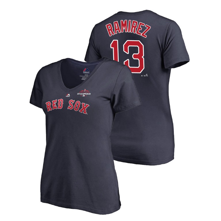 Women - Boston Red Sox Navy #13 Hanley Ramirez Majestic V-Neck T-Shirt 2018 World Series Champions Women - Boston Red Sox Navy #13 Hanley Ramirez Majestic V-Neck T-Shirt 2018 World Series Champions